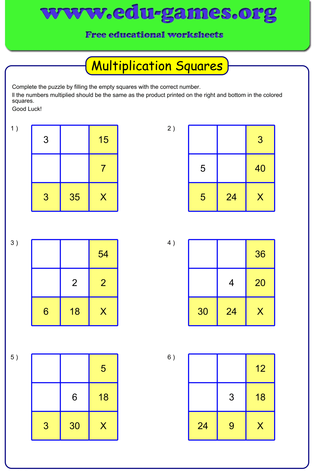 Multiplication Squares Worksheet Maker Edu games