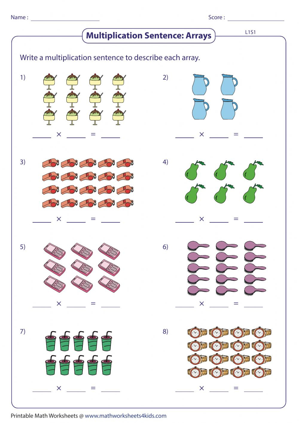 Multiplication Using Arrays Worksheet