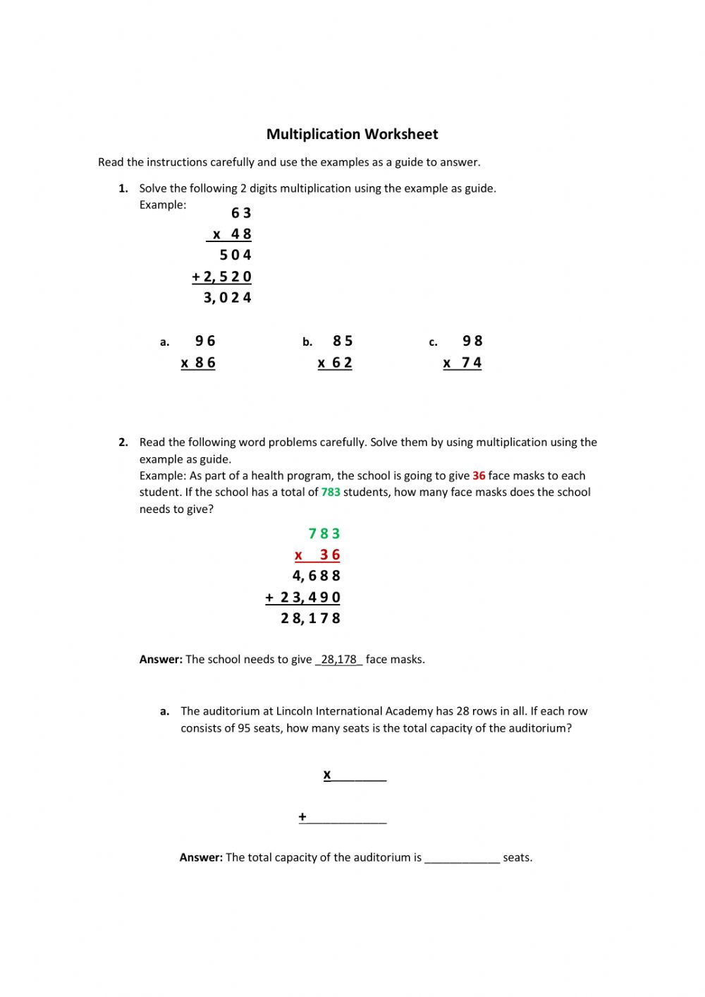 Multiplication Word Problems 5th Grade Worksheet