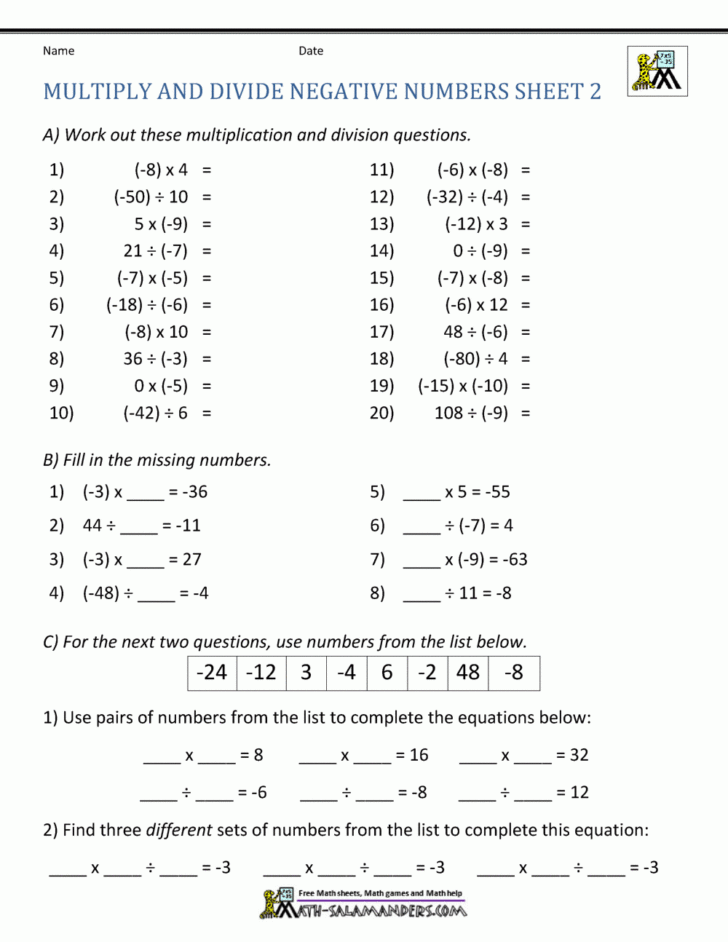 Multiplication And Division Of Positive And Negative Integers Worksheet