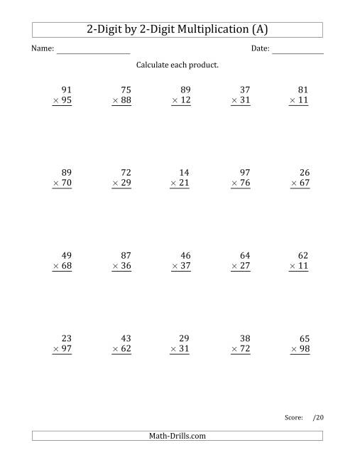 2 Digit By 2 Digit Multiplication Worksheets