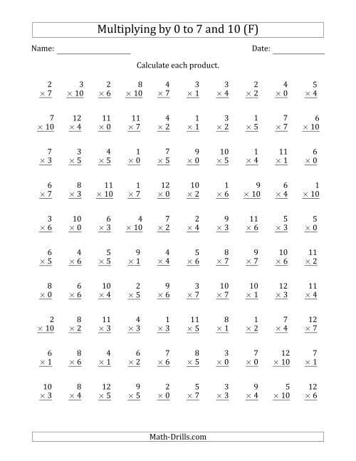 Multiplying By Anchor Facts 0 1 2 3 4 5 6 7 And 10 Other Factor 