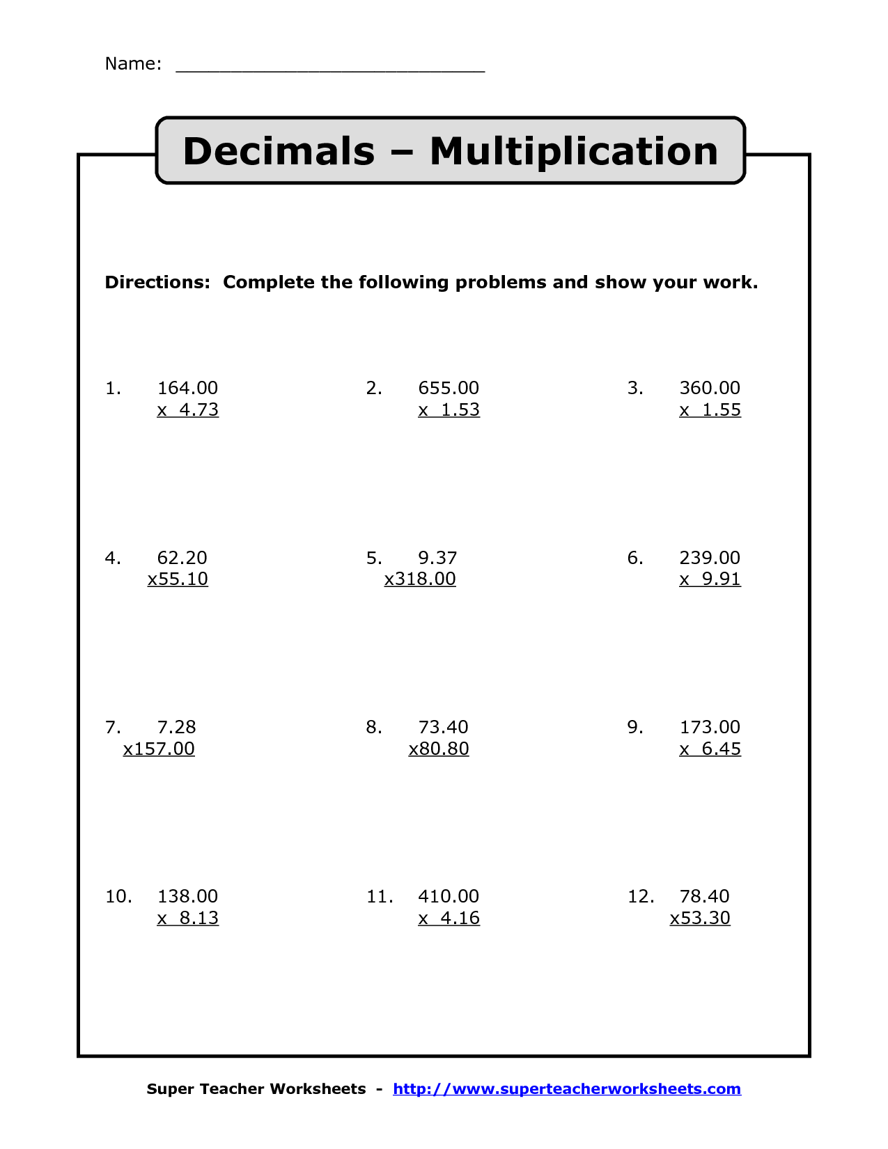 Multiplying Decimals Multiplication With Decimals Worksheets 