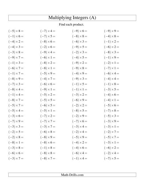 Multiplying Integers Negative Multiplied By A Positive Range 9 To 