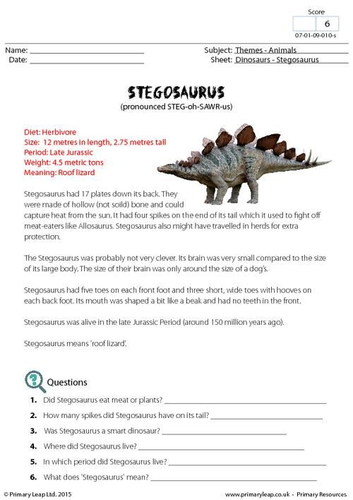 PrimaryLeap co uk Fact Sheet Stegosaurus Worksheet Dinosaur 