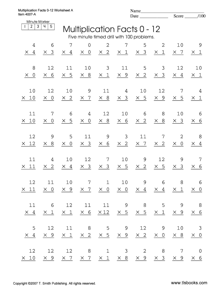 Printable 100 Multiplication Facts Timed Test PrintableMultiplication