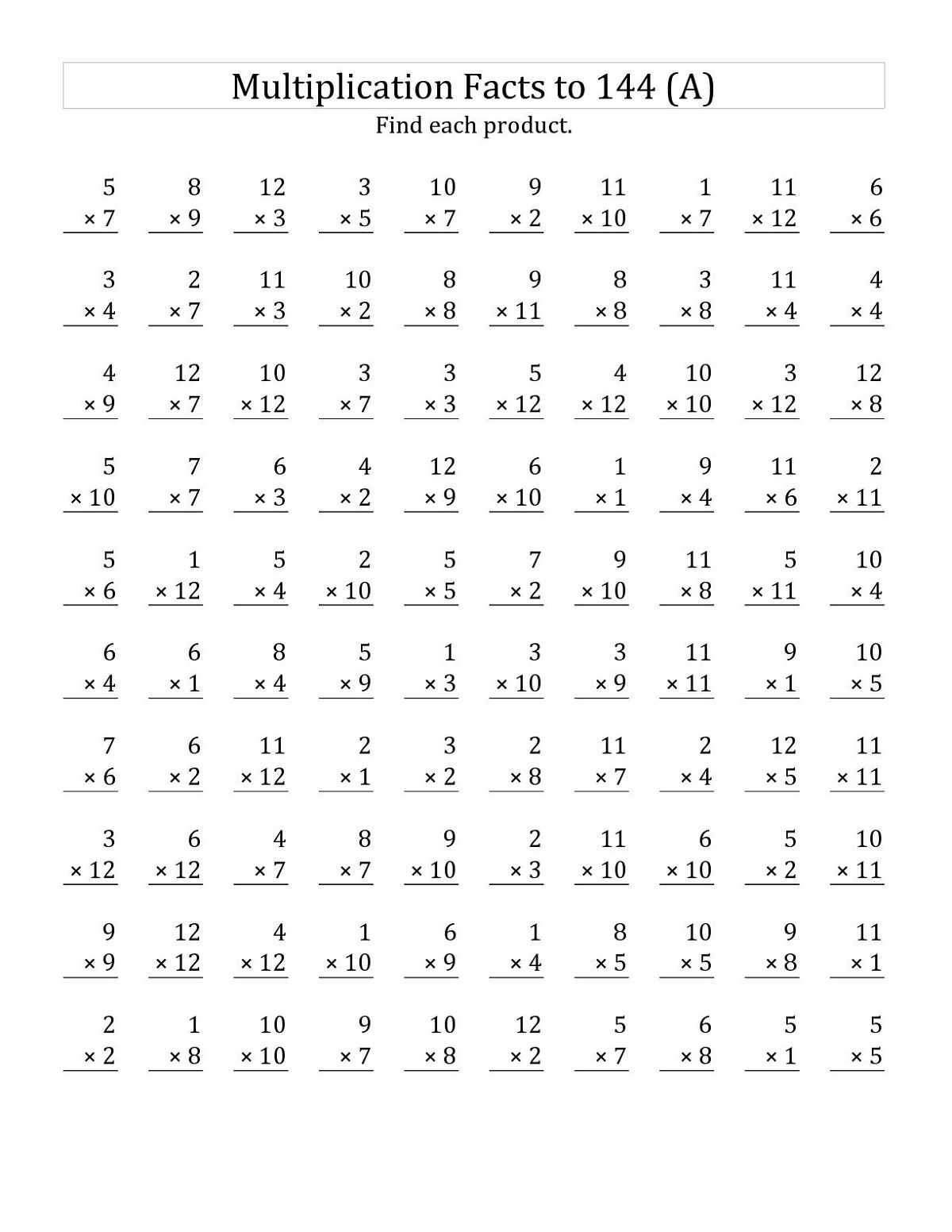 Printable Multiplication Facts To 144 Worksheets K5 Worksheets Math 