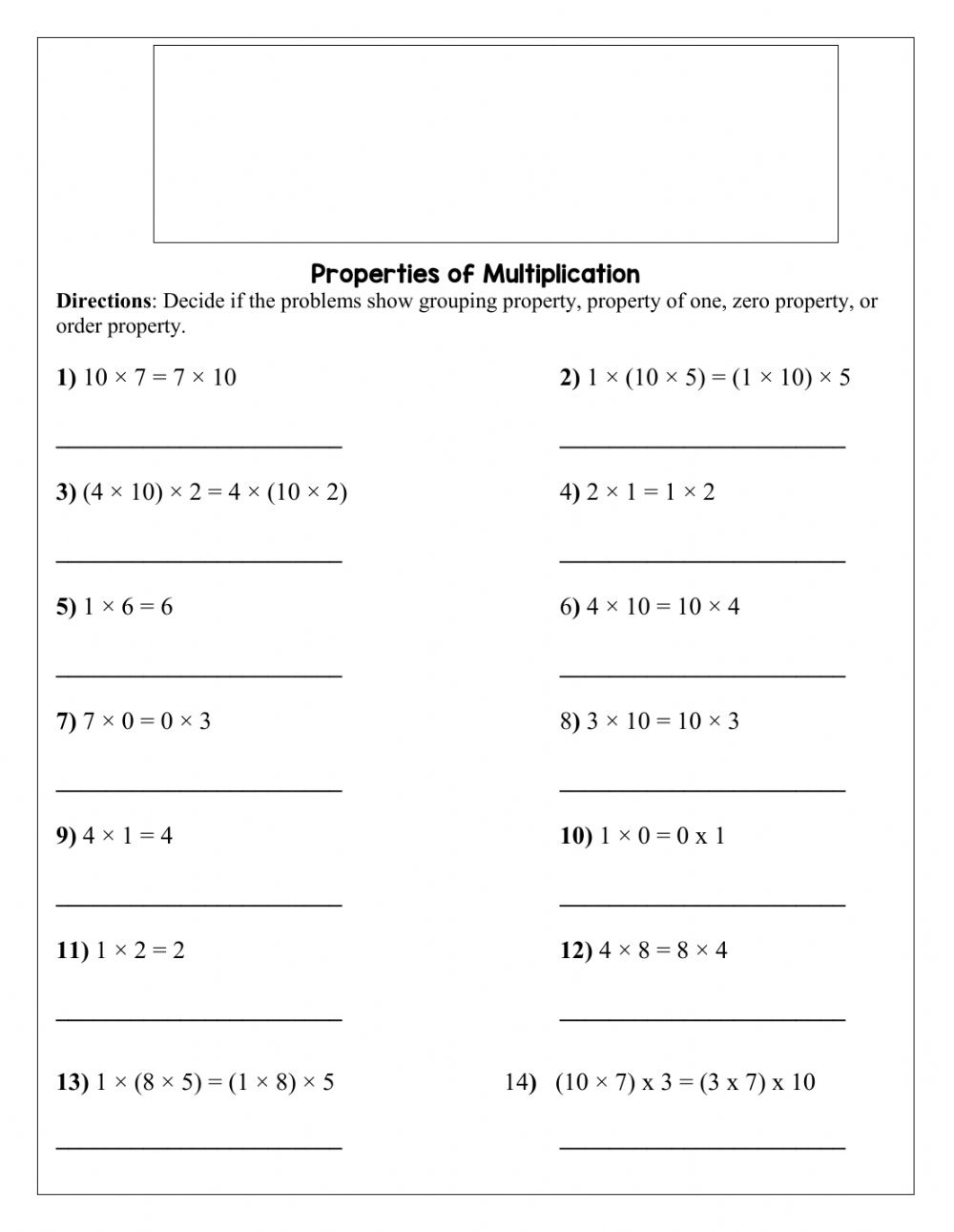 Multiplication Properties Worksheet Multiplication Worksheets