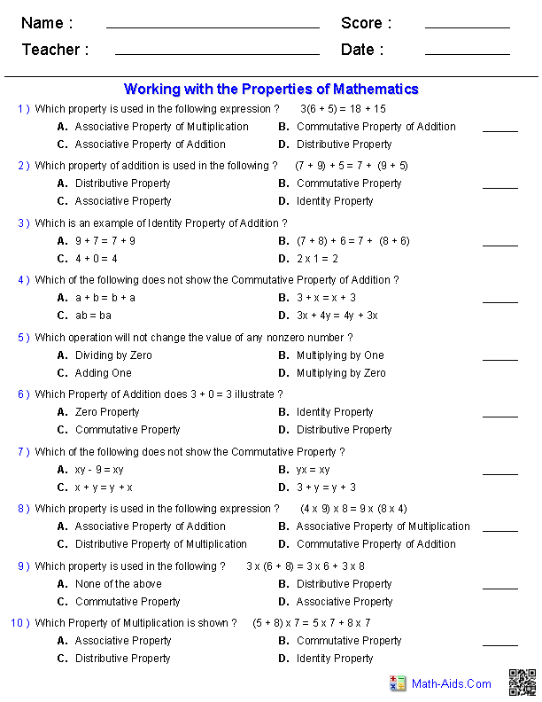 Properties Worksheets Properties Of Mathematics Worksheets 