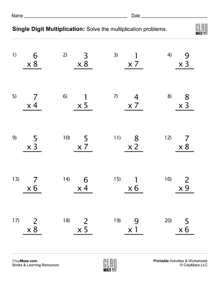 Single Digit Multiplication Worksheet Set 3 Childrens Educational 