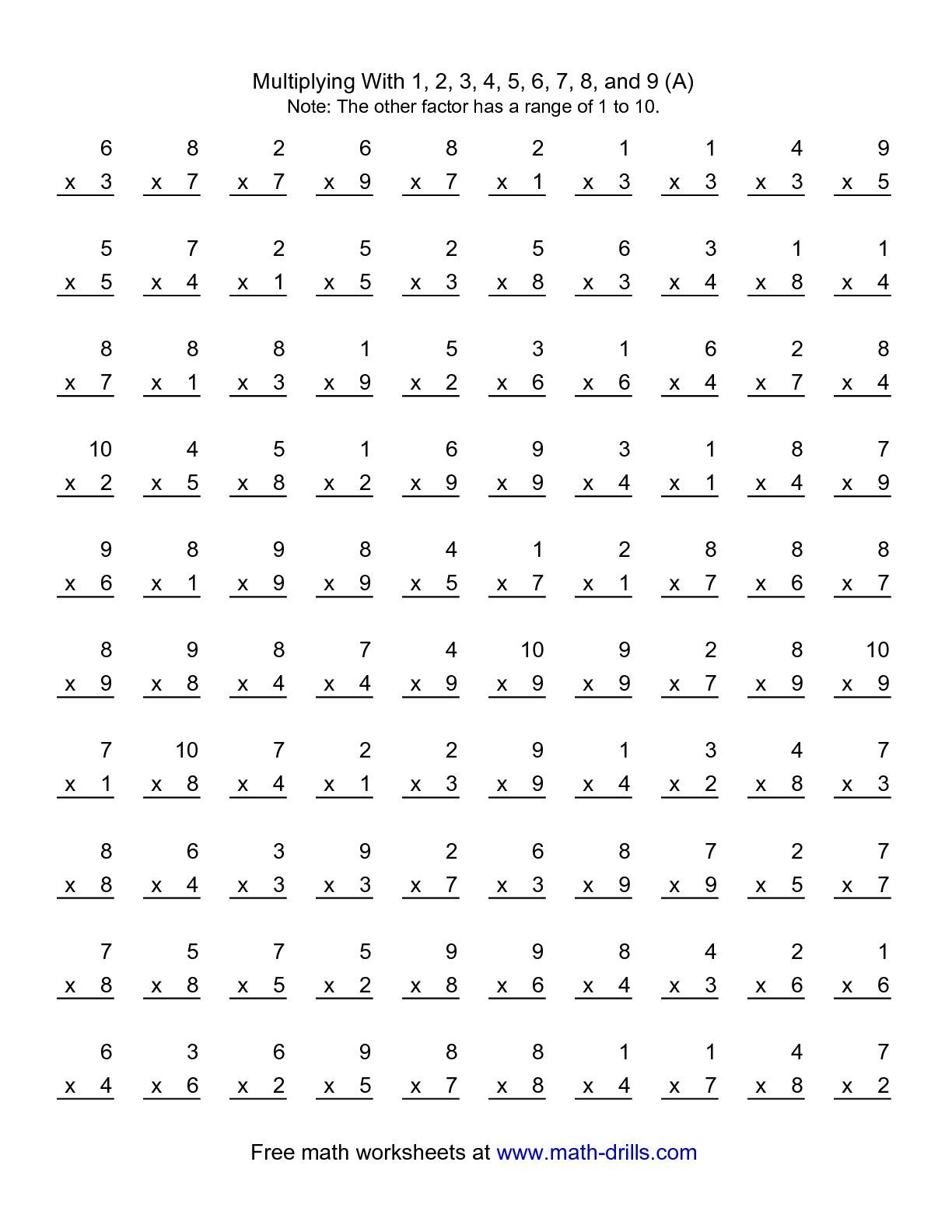 The 100 Vertical Questions Multiplication Facts 1 9 By 1 10 