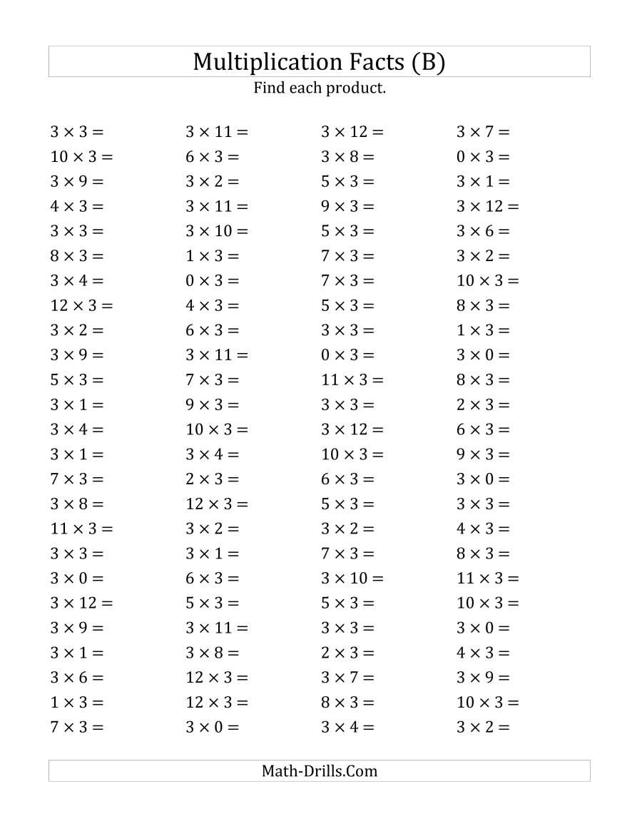 The Multiplying 0 To 12 By 3 B Math Worksheet From The Multiplication 