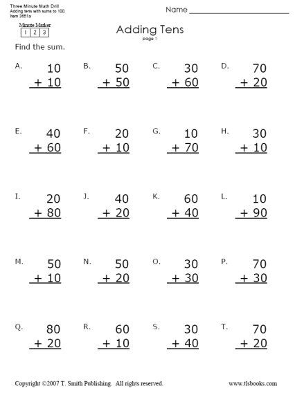 Three Minute Timed Math Drill Sheets Adding Tens 1st Grade Math 