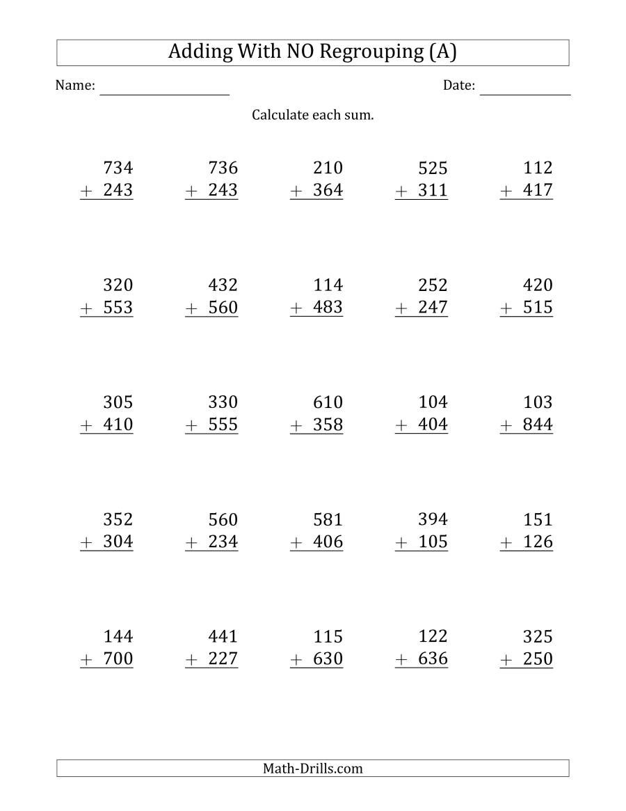 Triple Digit Addition Without Regrouping Worksheets Worksheet Hero