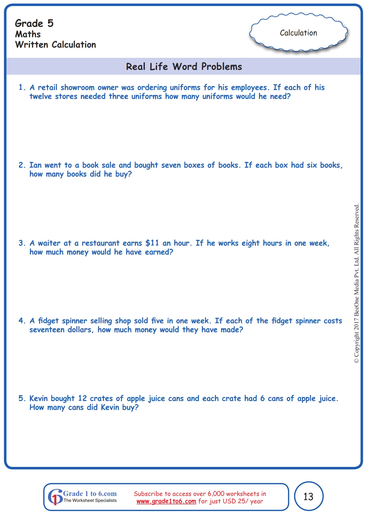 Word Problems In Multiplication Worksheets Grade 5