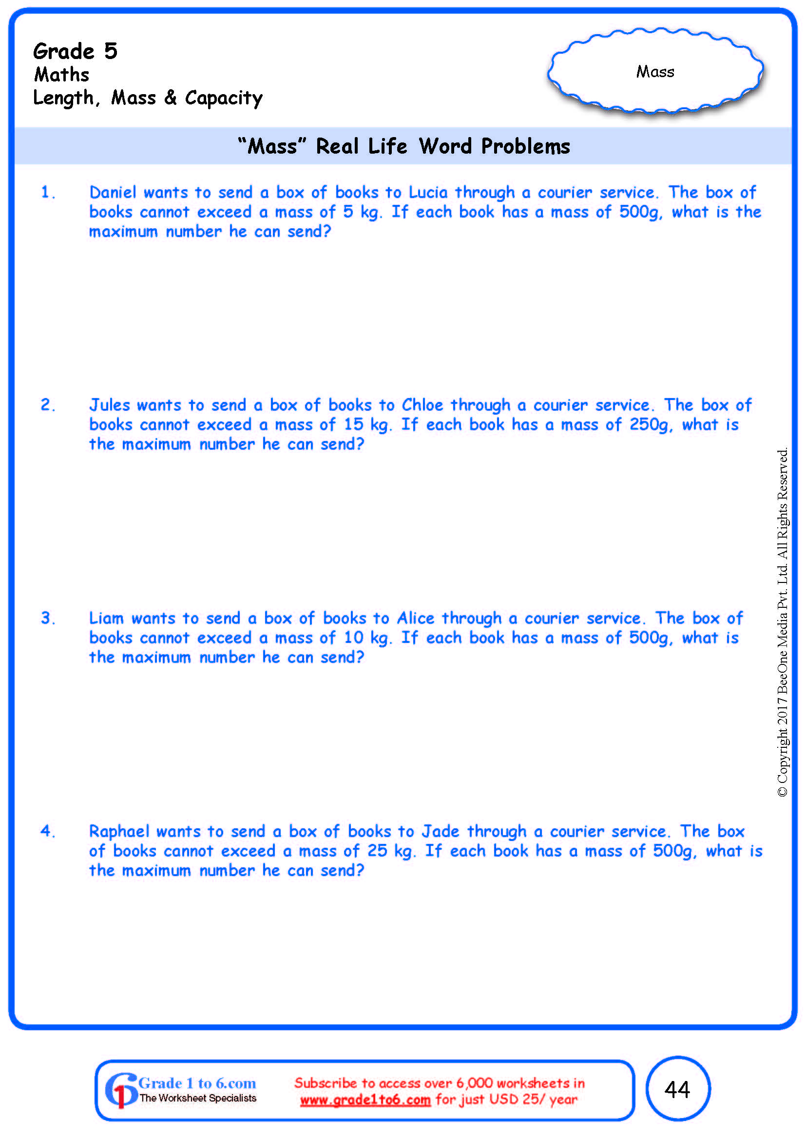 Word Problems In Weight Mass Worksheets www grade1to6
