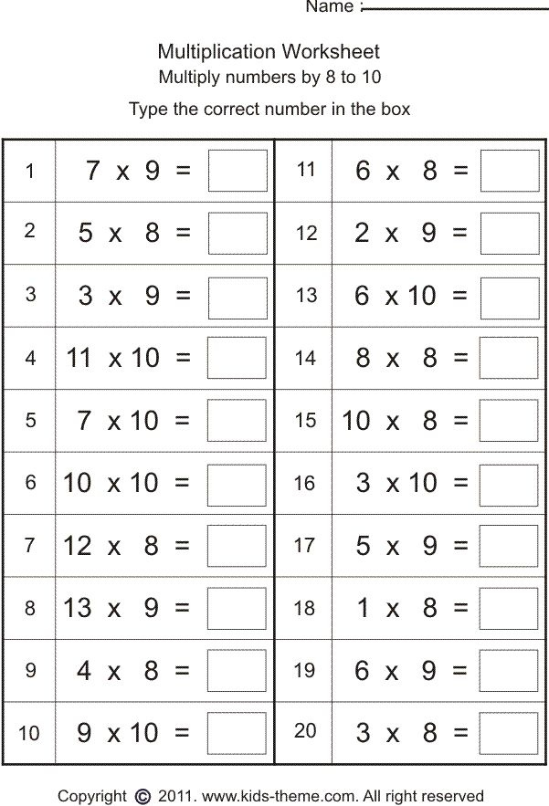 Worksheets For Kids Multiplication Worksheets Multiply Numbers By 8 