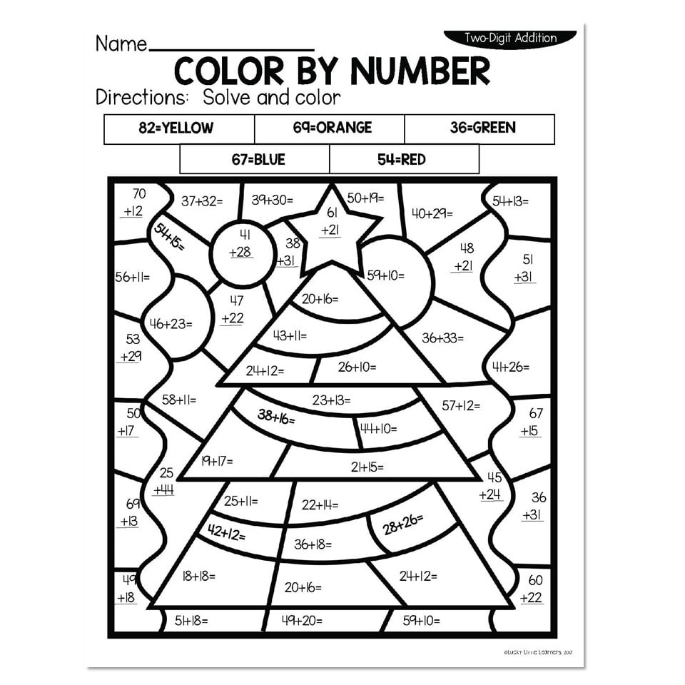 2-Digit Addition Winter Colornumber - Christmas Tree - Lucky intended for Christmas Addition Math Worksheets 2Nd Grade Coloring