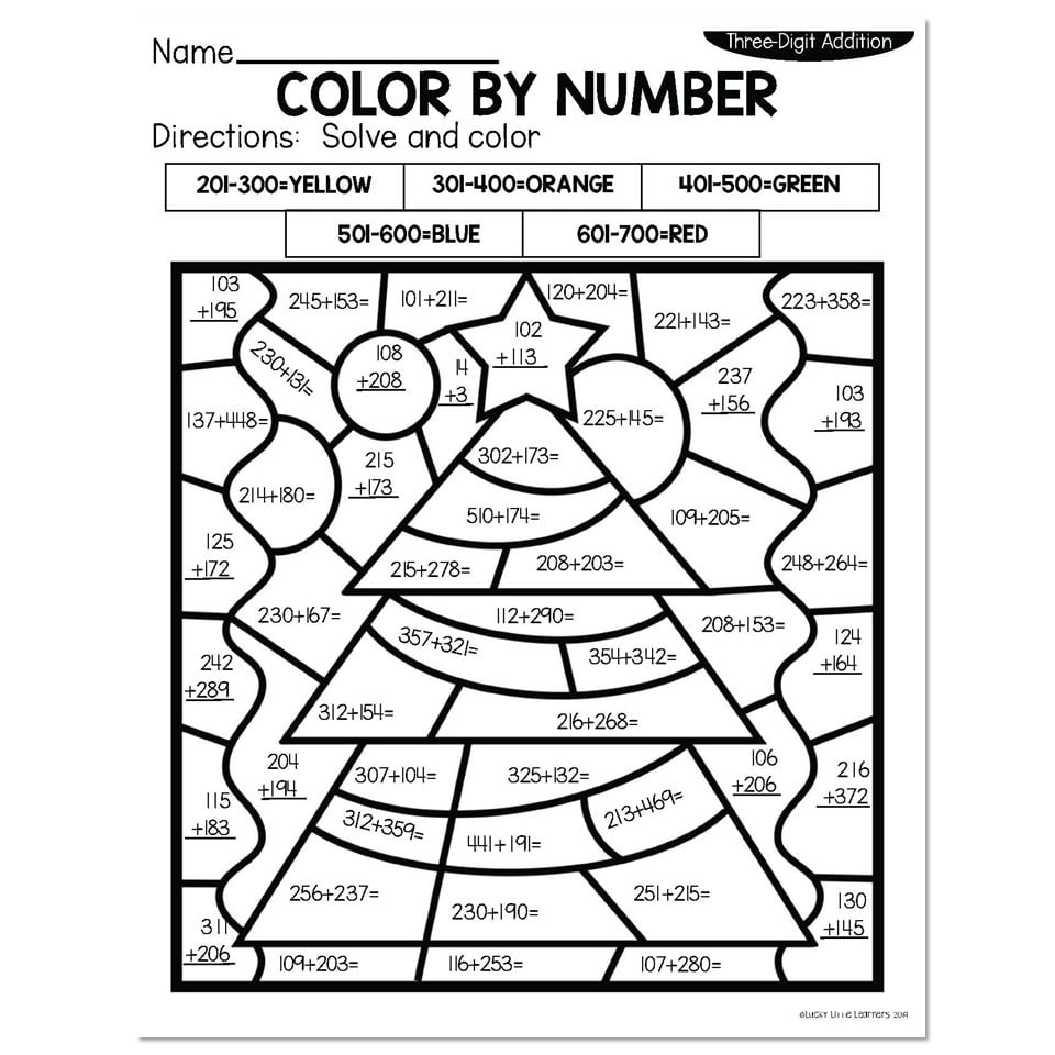 3-Digit Addition Winter Colornumber - Christmas Tree - Lucky throughout Christmas Math Coloring Addition Worksheets