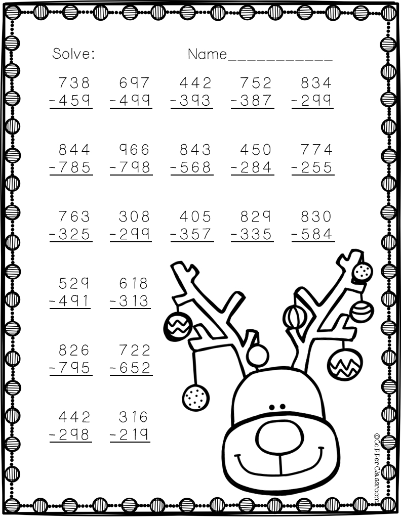 3.Nbt.2 Christmas Themed 3 Digit Subtraction With Regrouping with Christmas Math Worksheets Subtraction With Regrouping