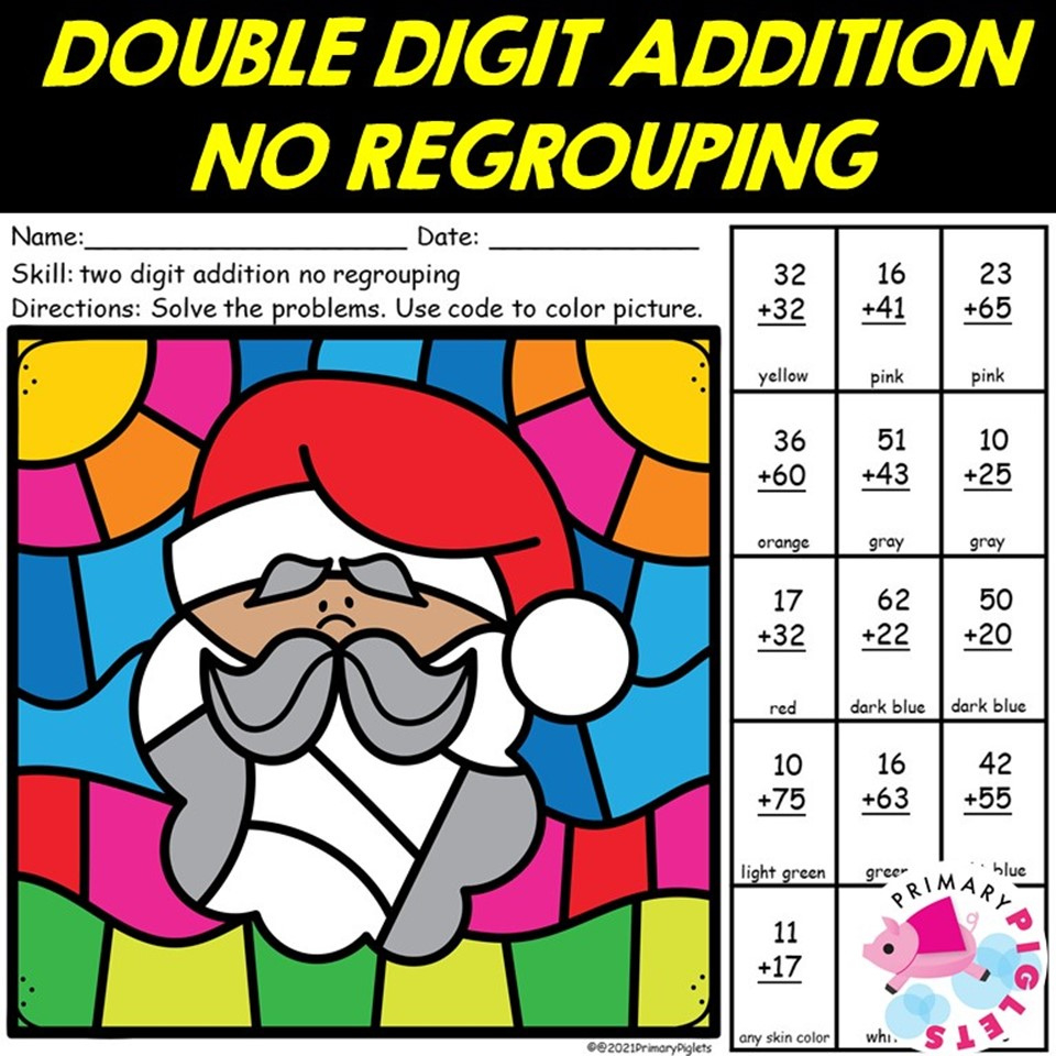 Christmas Math Coloring Pages 2 Digit Addition With Regrouping intended for Christmas Math Worksheets Double Digit Addition