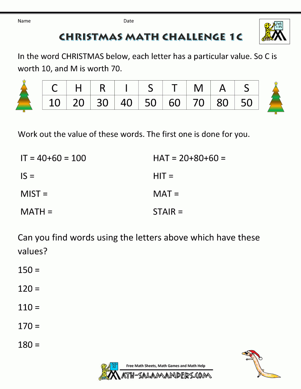 Christmas Math Worksheets (Harder) for Christmas Algebra Math Worksheets