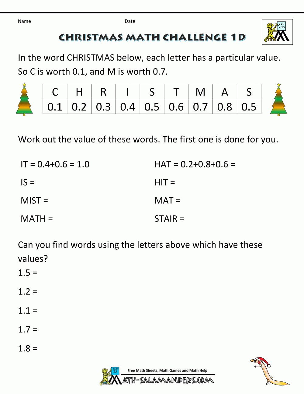 Christmas Math Worksheets (Harder) throughout 8th Grade Math Christmas Worksheets