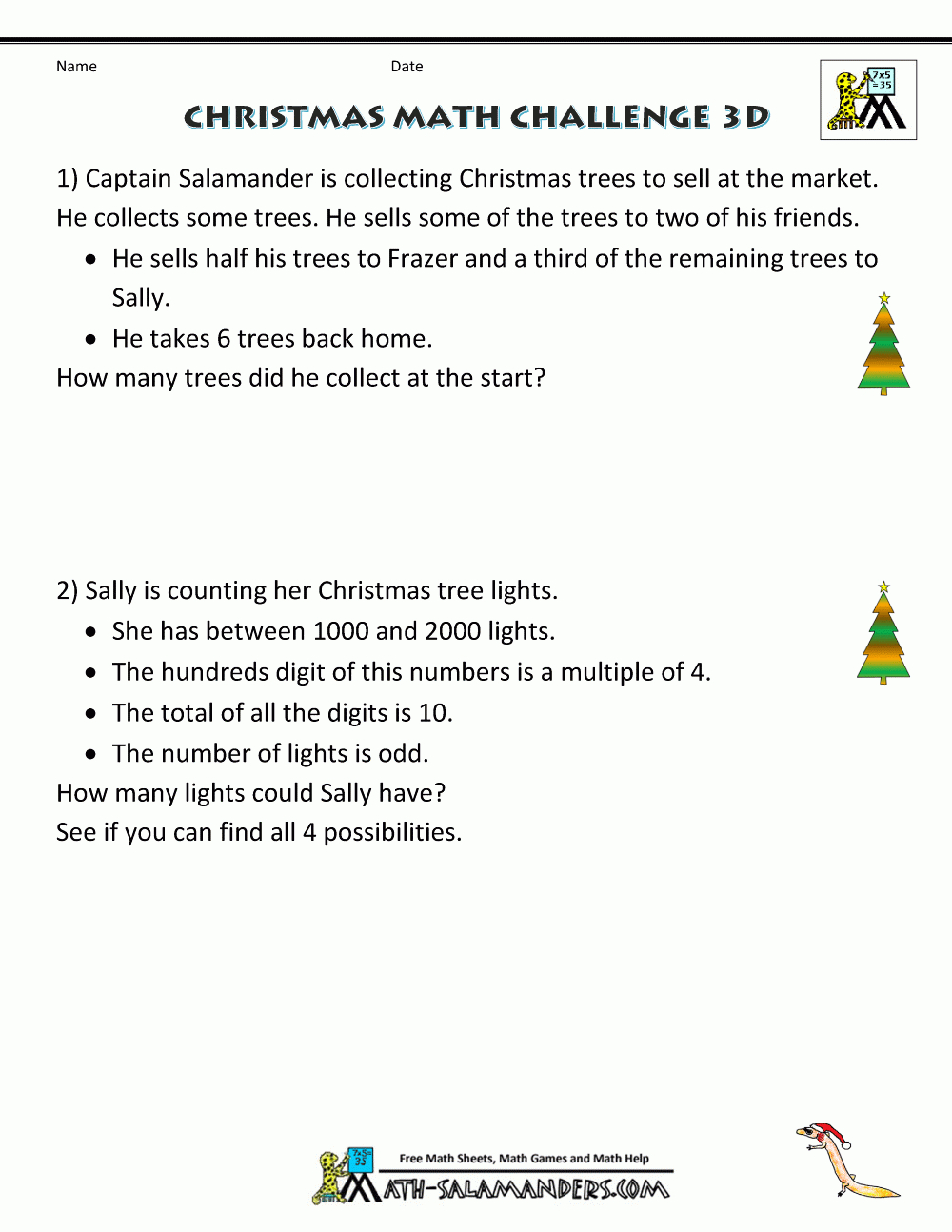 Christmas Math Worksheets (Harder) with Christmas Math Word Problems Worksheets