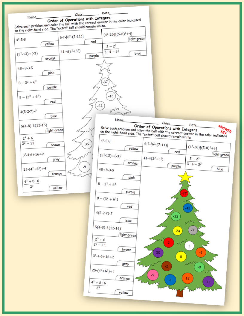 Christmas Worksheets: Order Of Operations With Integers | Teaching intended for Christmas Math Worksheets Order of Operations