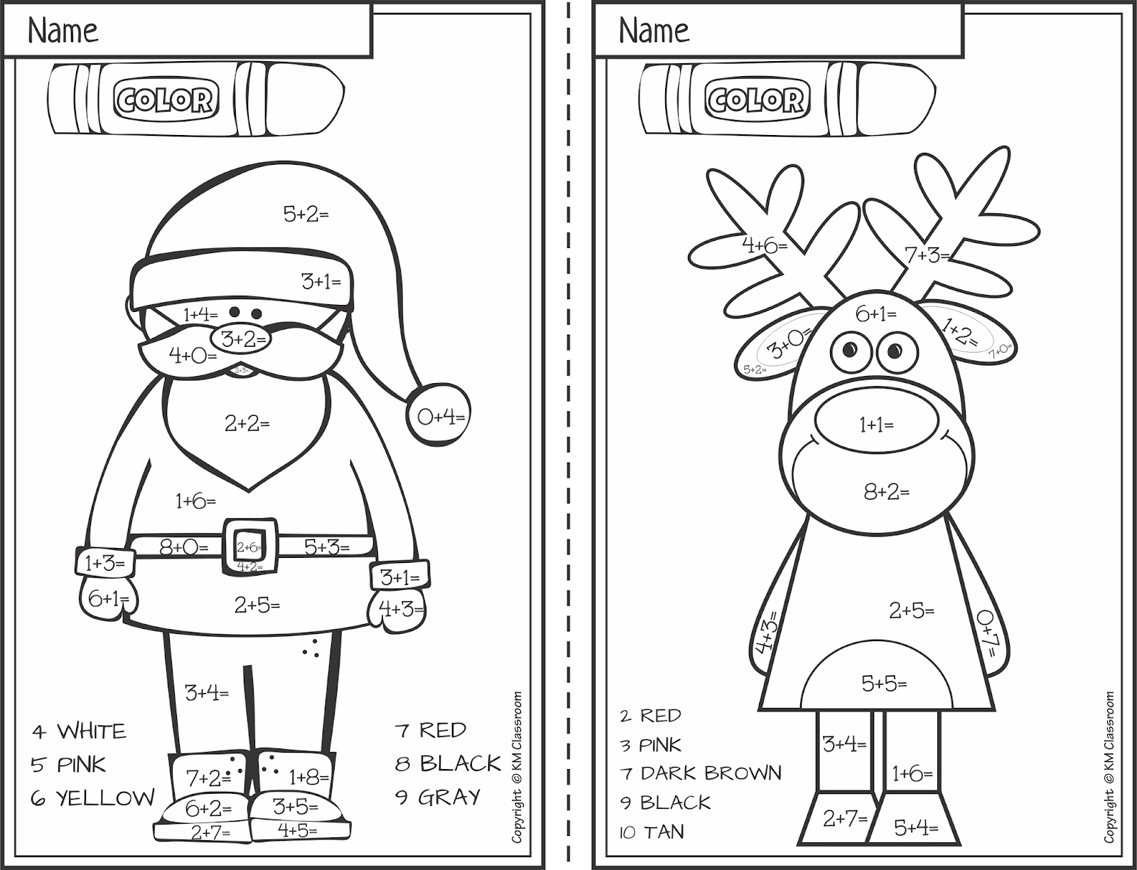 Km Classroom: Free Christmas Colornumber Addition Within 10 for Christmas 1st Grade Math Coloring Worksheets