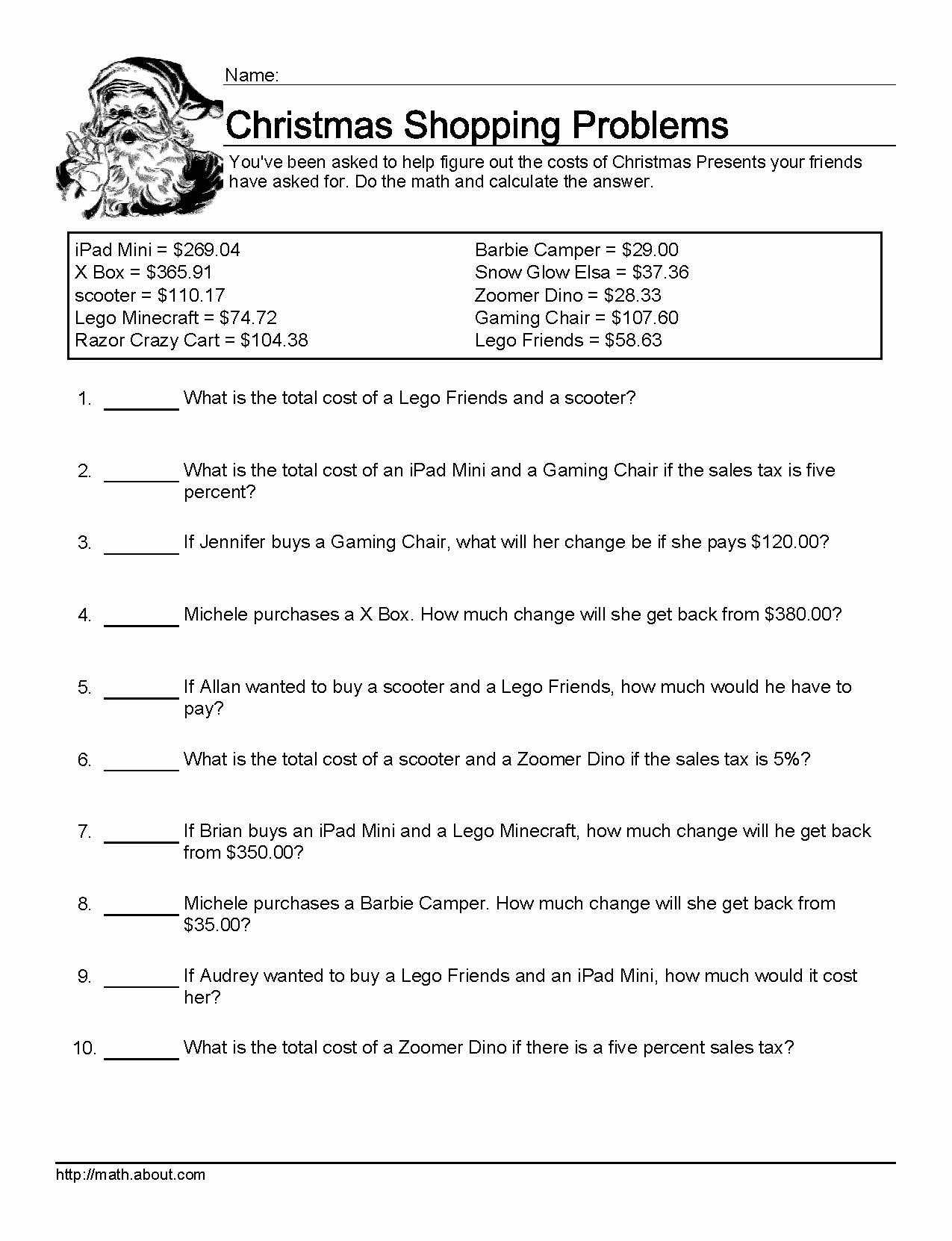 Worksheets For Christmas Math Problems within Christmas Math Word Problems Worksheets