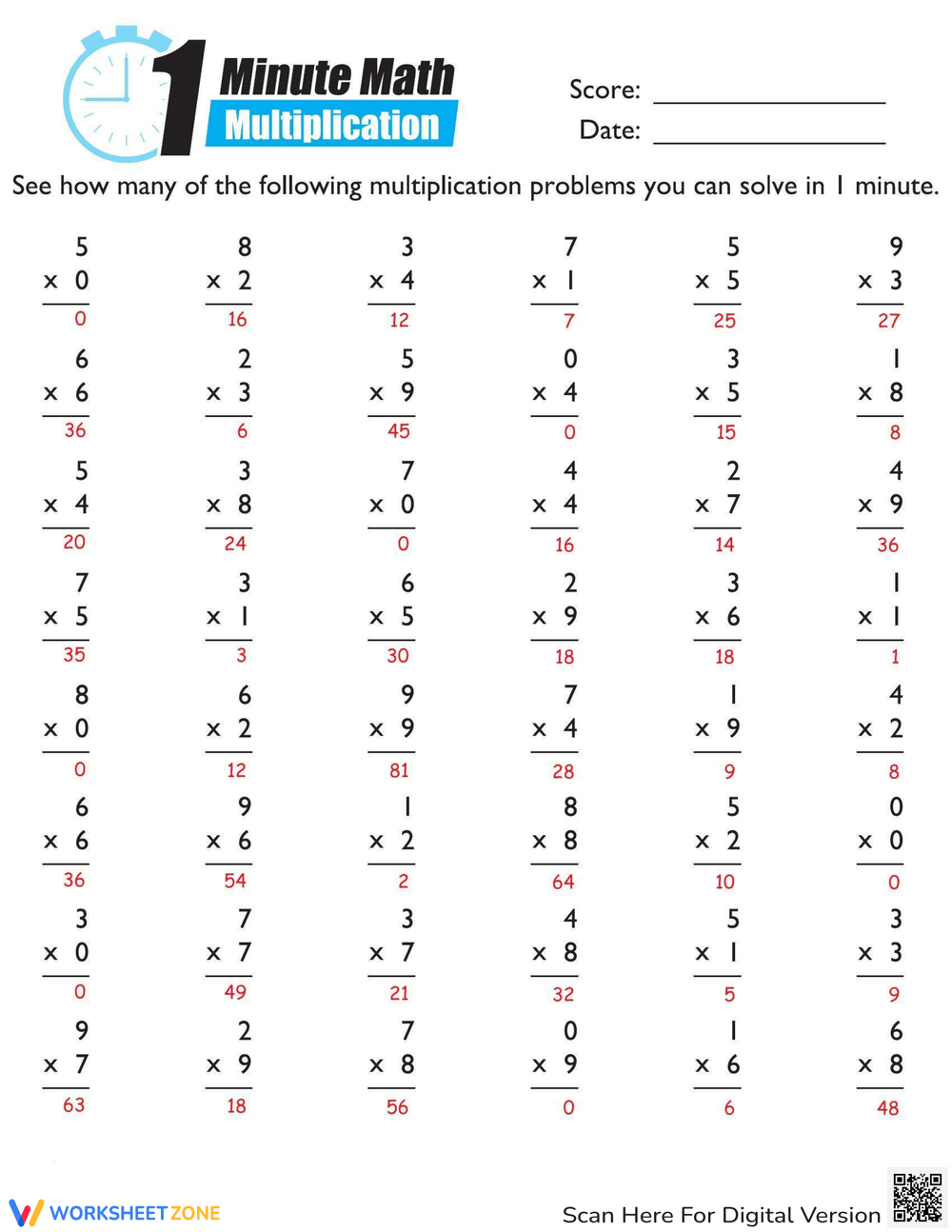 1-Minute Multiplication Worksheet for 1 Minute Multiplication Worksheets
