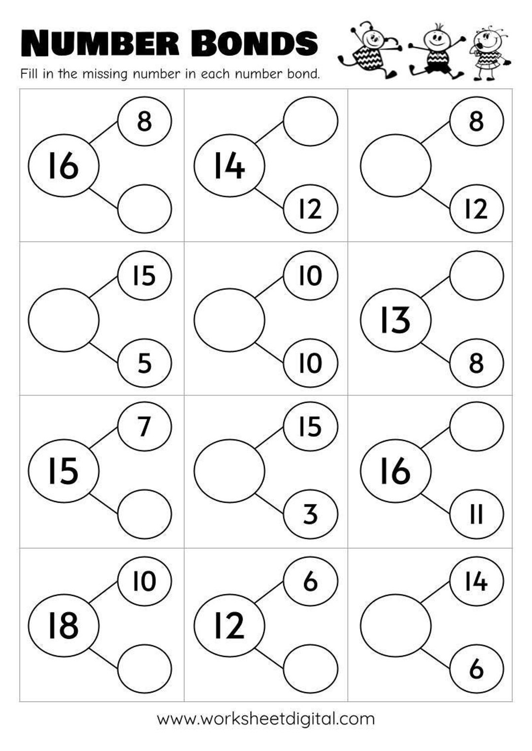 10 Printable Number Bonds Math Worksheets, Numbers 1 To 20 for Multiplication Number Bonds Worksheets