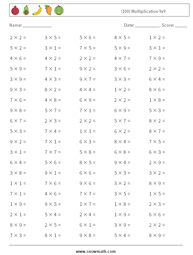 100) Multiplication 9X9 Math Worksheets, Math Practice For Kids. inside 100 Question Multiplication Test