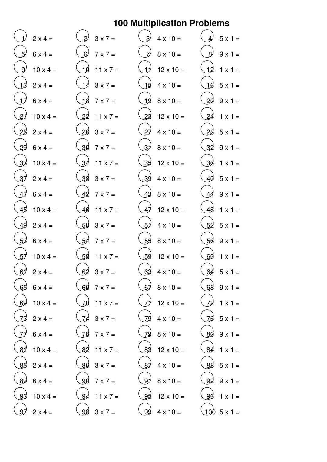 100 Multiplication Problems Printable Worksheet For Elementary pertaining to 100 Questions Multiplication Worksheets