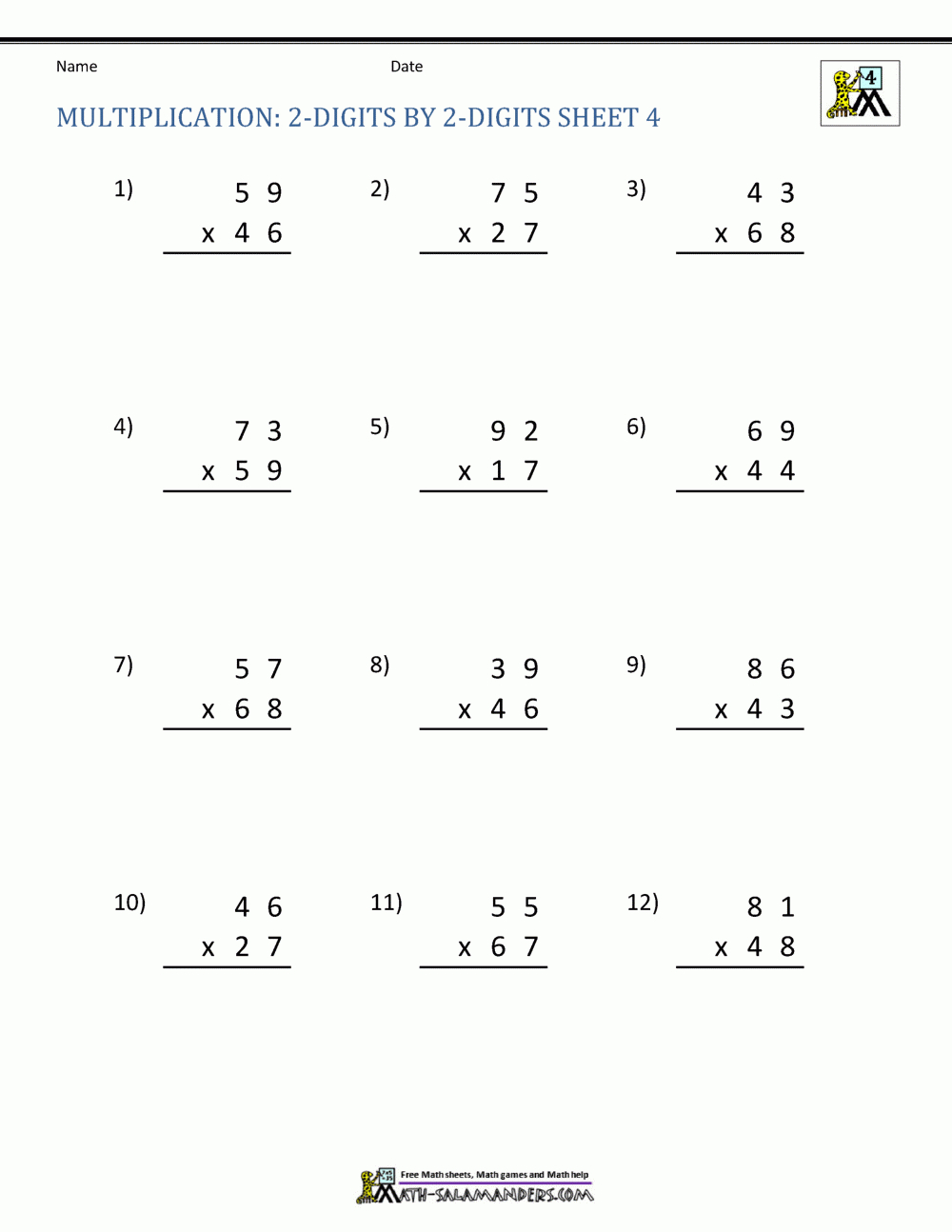 2 Digit Multiplication Worksheet with regard to 2 Digit by 2 Digit Multiplication Worksheets Answers