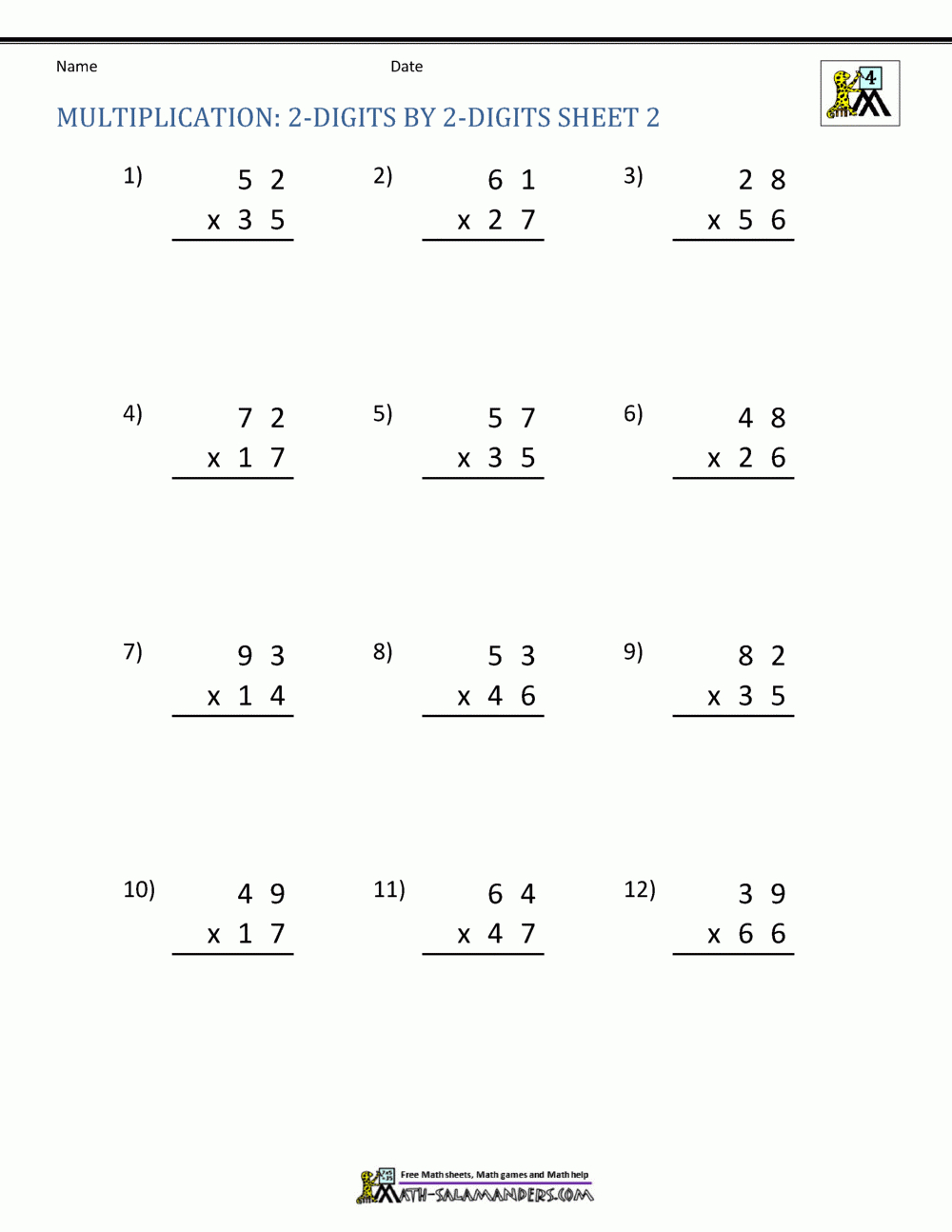 2 Digit Multiplication Worksheet with regard to 2 Digit Times 2 Digit Multiplication Worksheets
