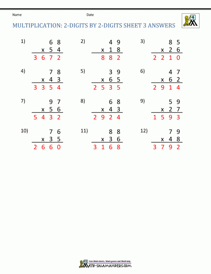 Free 2 Digit Multiplication Worksheets