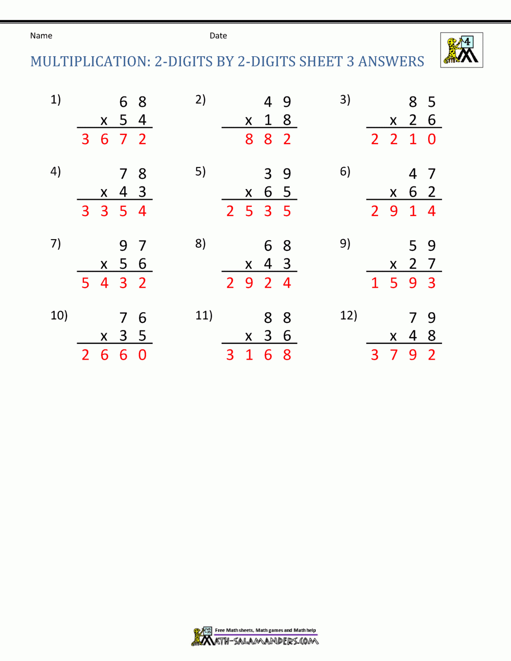 2 Digit Multiplication Worksheet with regard to Free 2 Digit Multiplication Worksheets