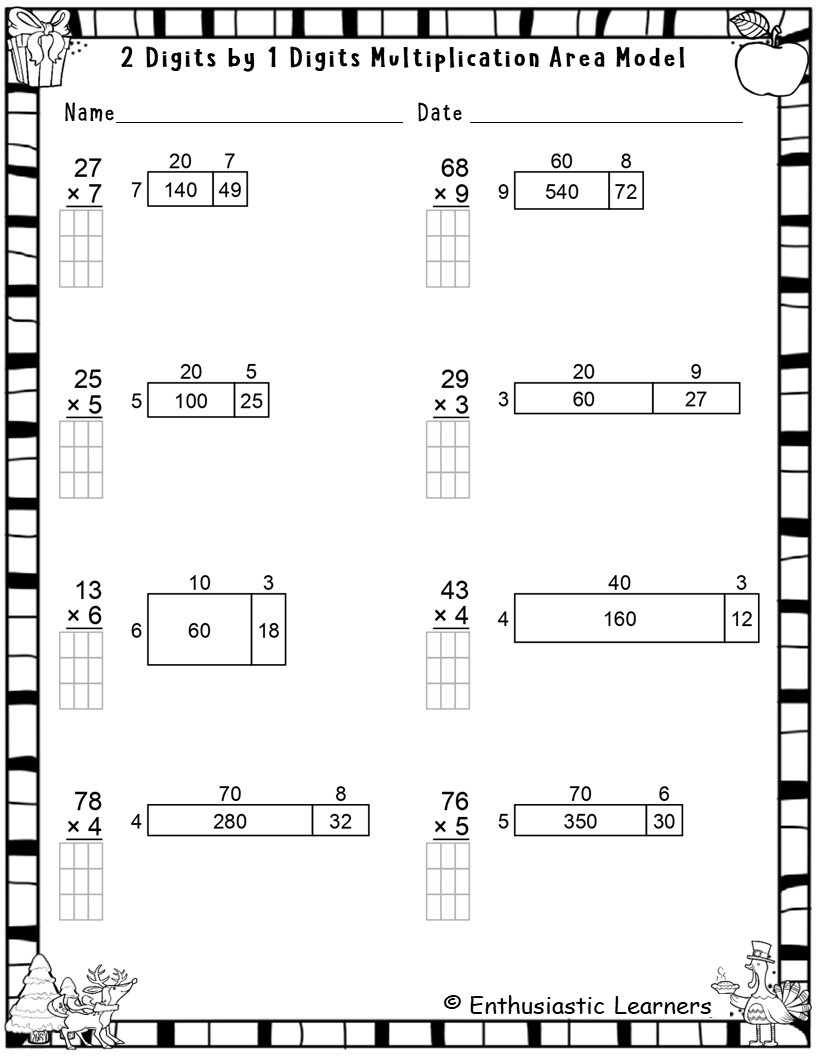 2-Digit1-Digit Multiplication With Area Model Worksheets Math with Multiplication Area Model Worksheet
