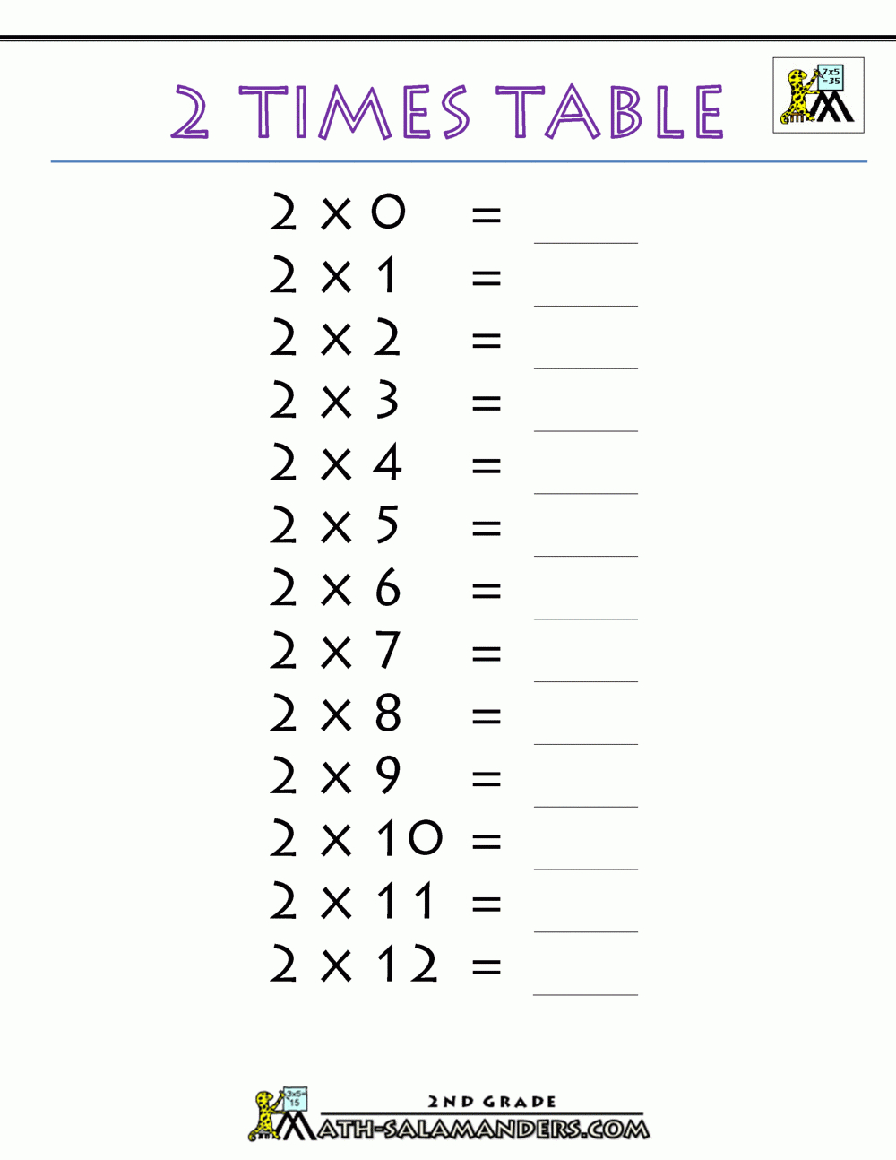 2 Times Table throughout Times 2 Multiplication Worksheet