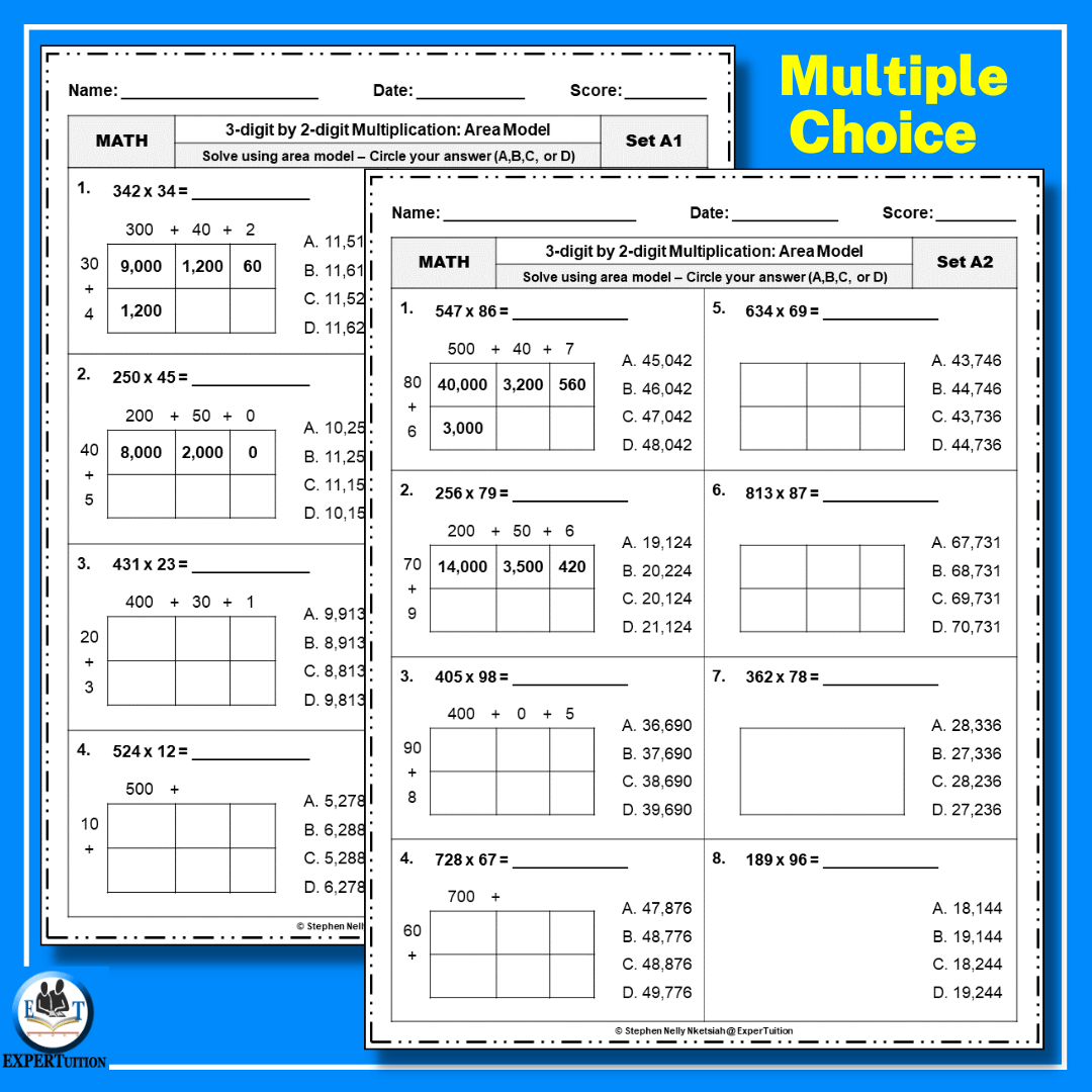 3 Digit2 Digit Area Model Multiplication Worksheets - Expertuition for 3 Digit by 2 Digit Multiplication Worksheets with Answers