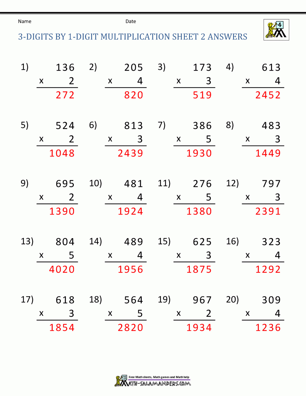 3 X 1 Digit Multiplication Sheet 2 Answers throughout Multiplication Worksheets And Answers