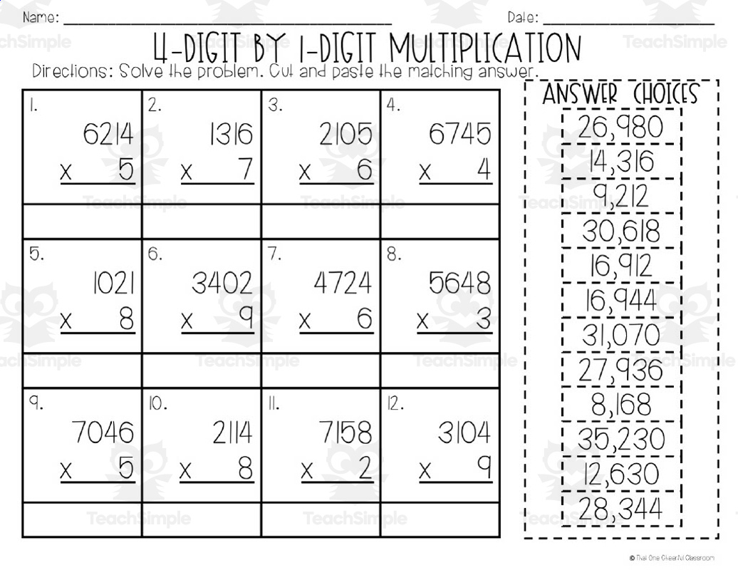 4 Digit X 1 Digit Multiplication Matching Worksheet for Multiplication Worksheets 4 Digit Numbers