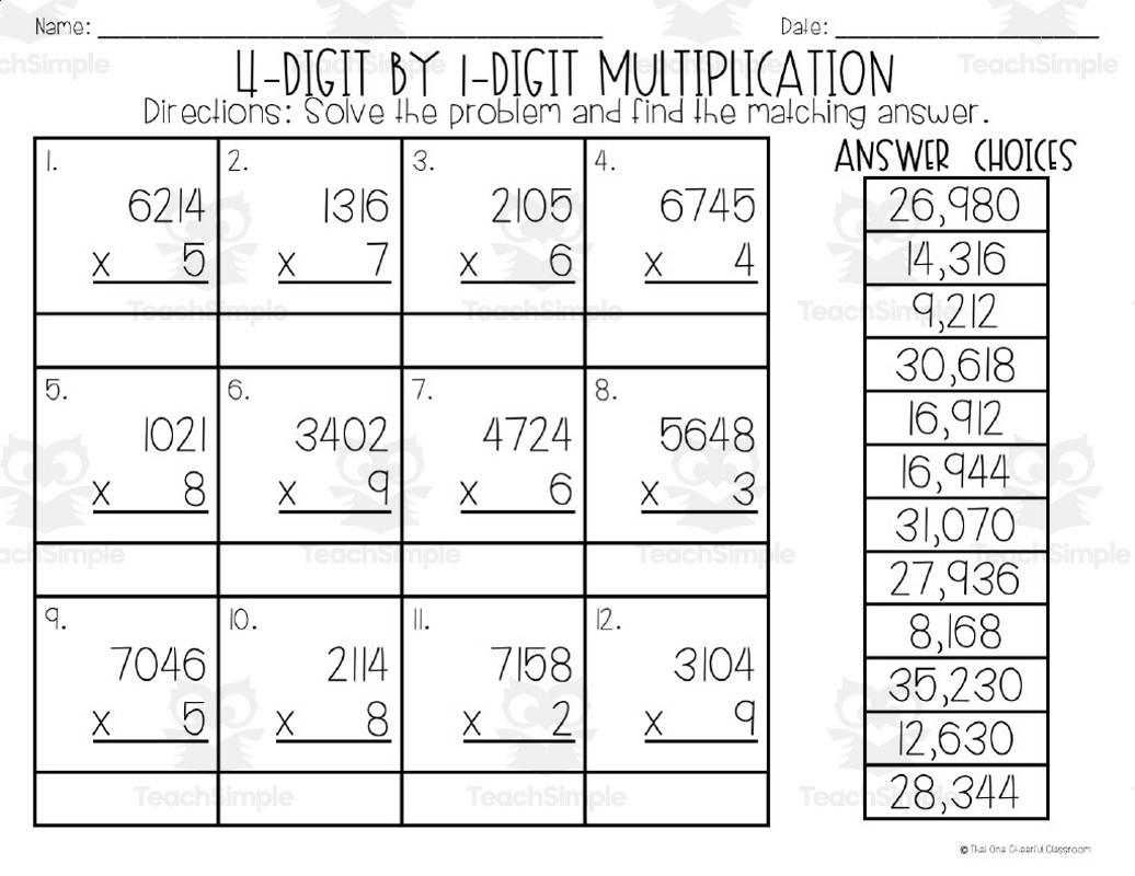 4 Digit X 1 Digit Multiplication Matching Worksheet intended for 4 Digit By 1 Digit Multiplication Worksheet