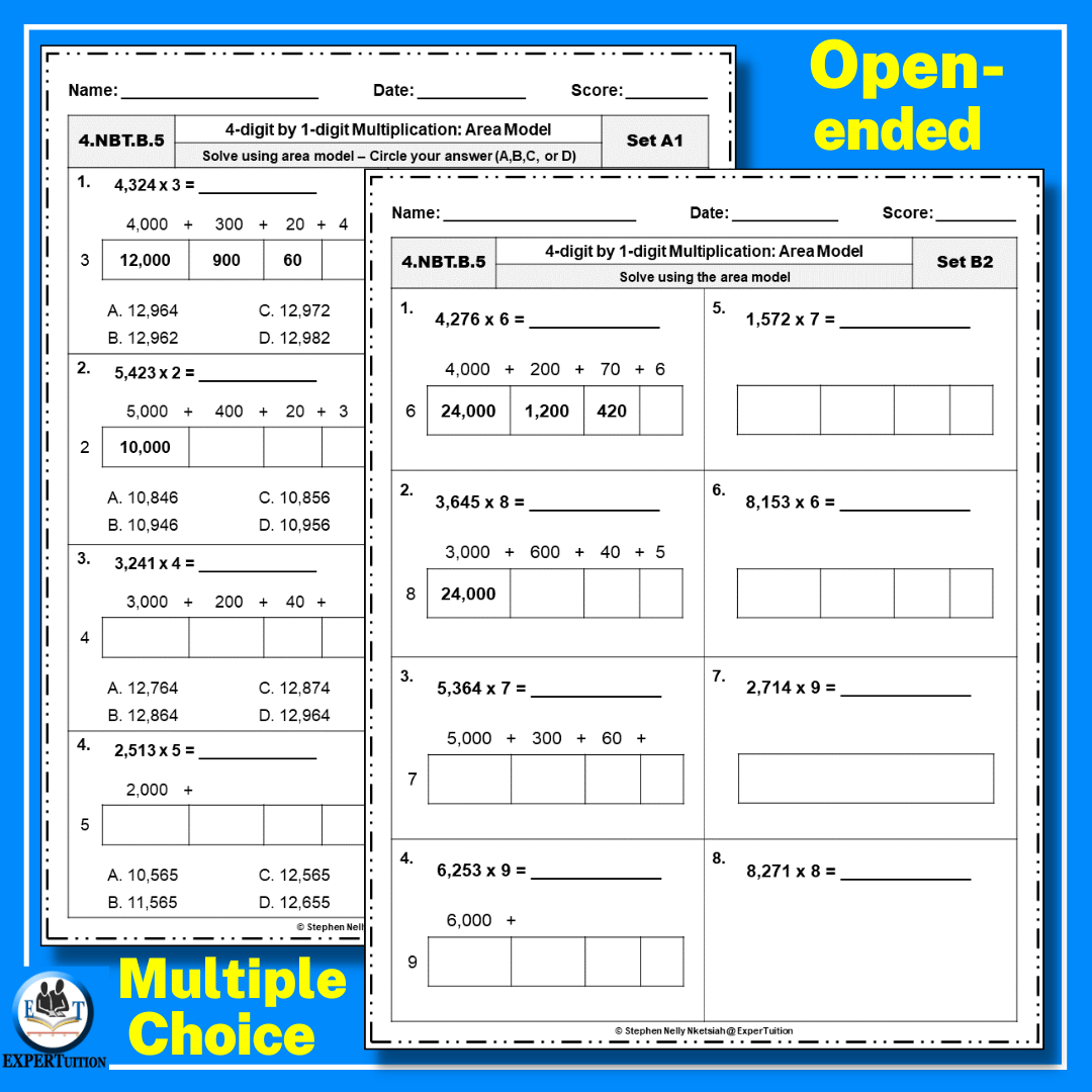4 Digit1 Digit Area Model Multiplication Worksheets - Expertuition in 4 Digit By 1 Digit Multiplication Worksheets