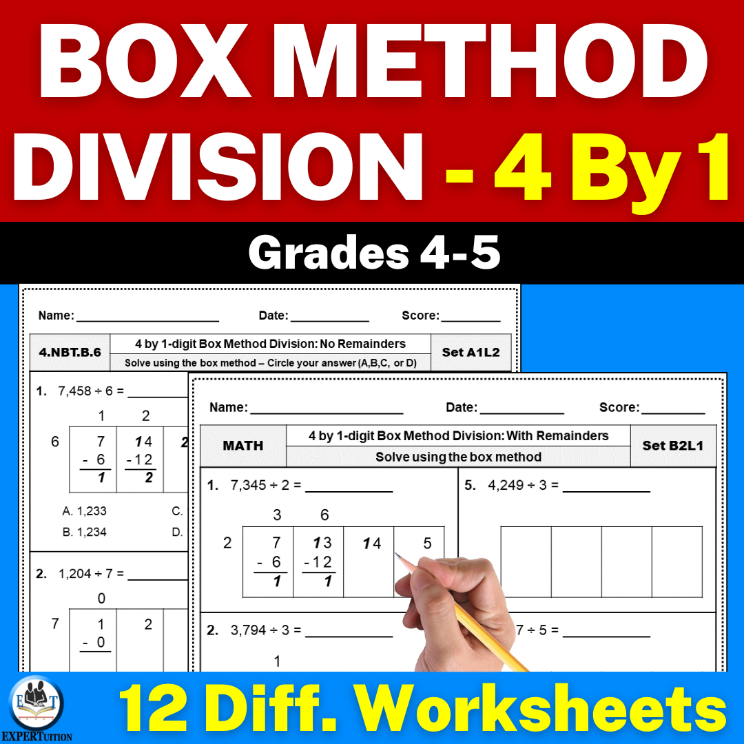 4 Digit1 Digit Box Method Division Worksheets 4Th Grade in 5th Grade Box Method Math Worksheet