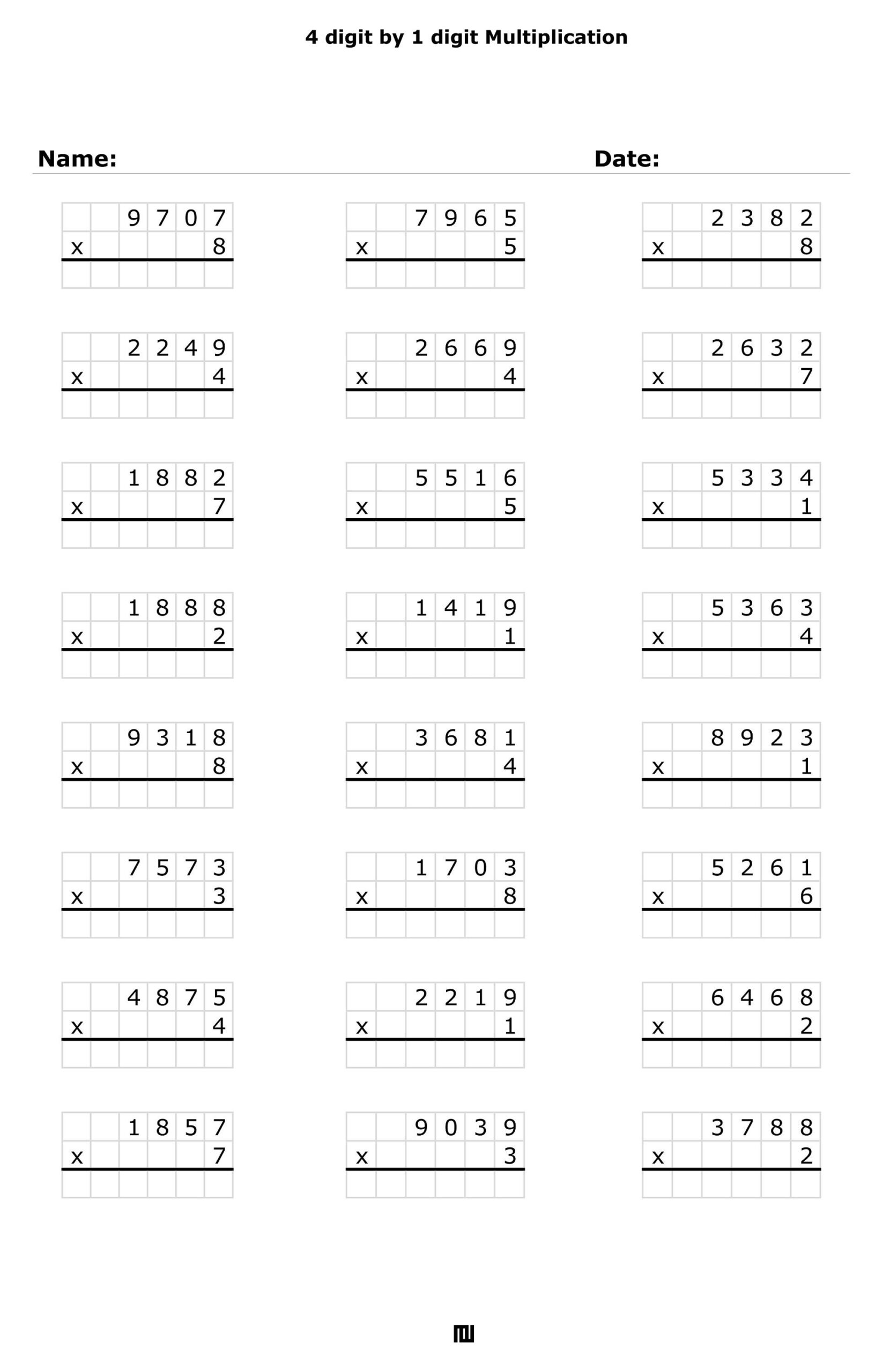 4 Digit1 Digit Multiplication For Daily Practice. Multiply In in 4 Digit X 1 Digit Multiplication Worksheet