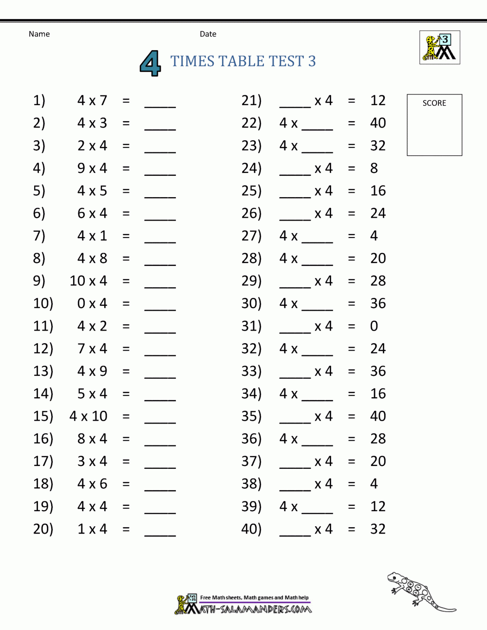 4 Times Table Worksheet Page in Multiplication Times 4 Worksheets