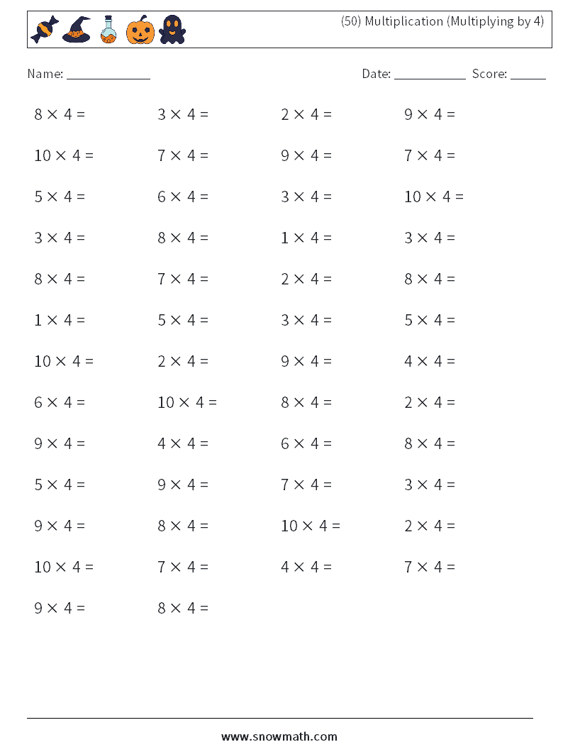 50) Multiplication (Multiplying4) Math Worksheets, Math with Multiplication Worksheet By 4